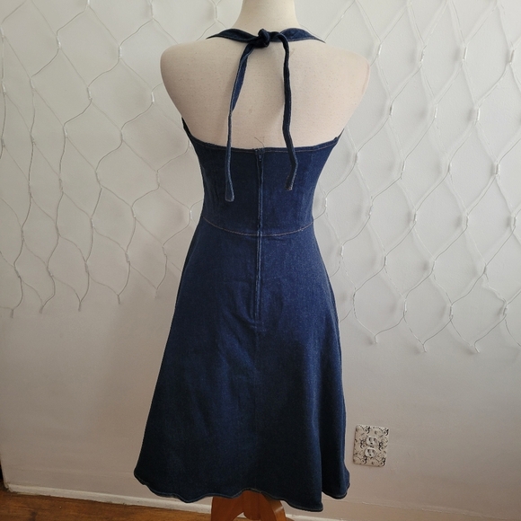 Deep Blue Halter Dress • Zip Up Back • A-Line • Ties At Neck - Picture 4 of 8